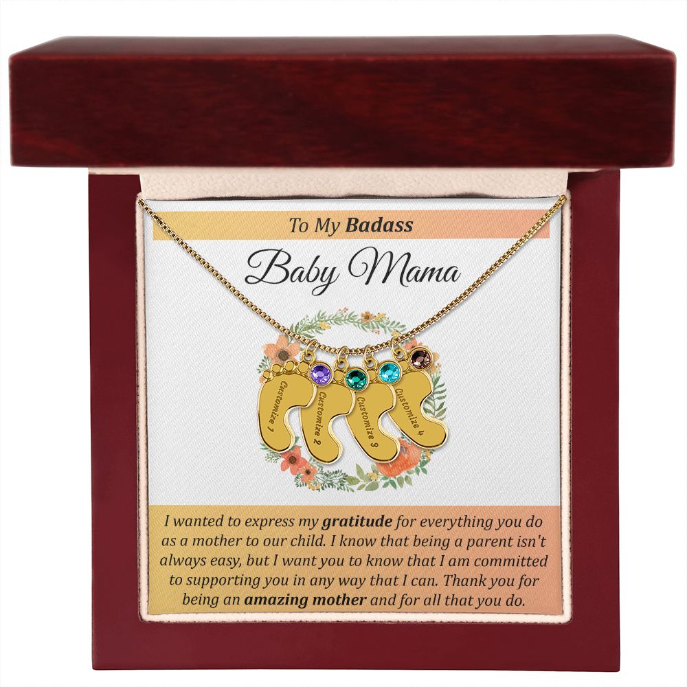 To My Badass Baby Mama - Baby Feet with Birthstones Necklace