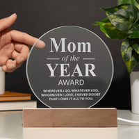 Load image into Gallery viewer, Mom Of The Year Award - Engraved Acrylic Circle
