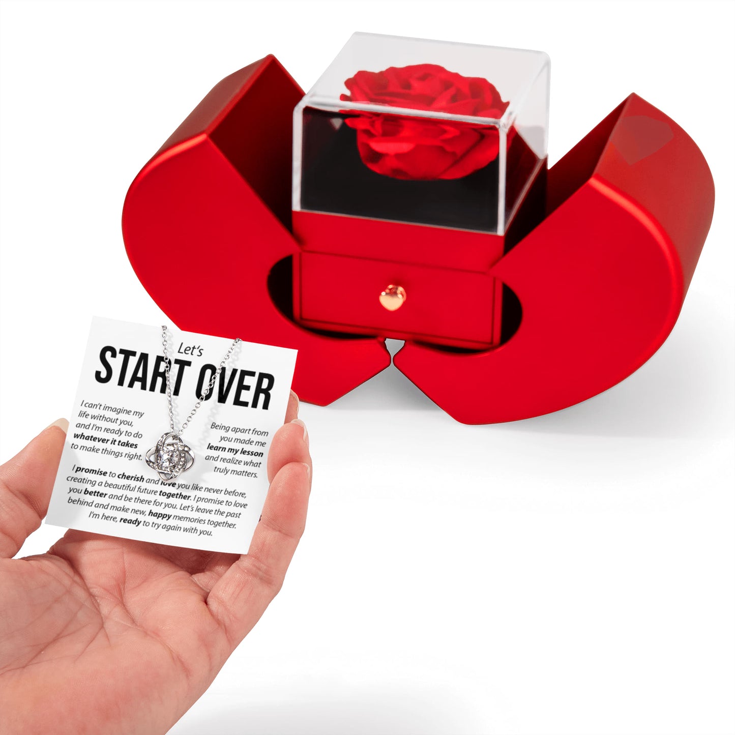 “Let's Start Over” Love Knot Necklace with Red Heart Rose Box – Apology & Reconciliation Gift for Her