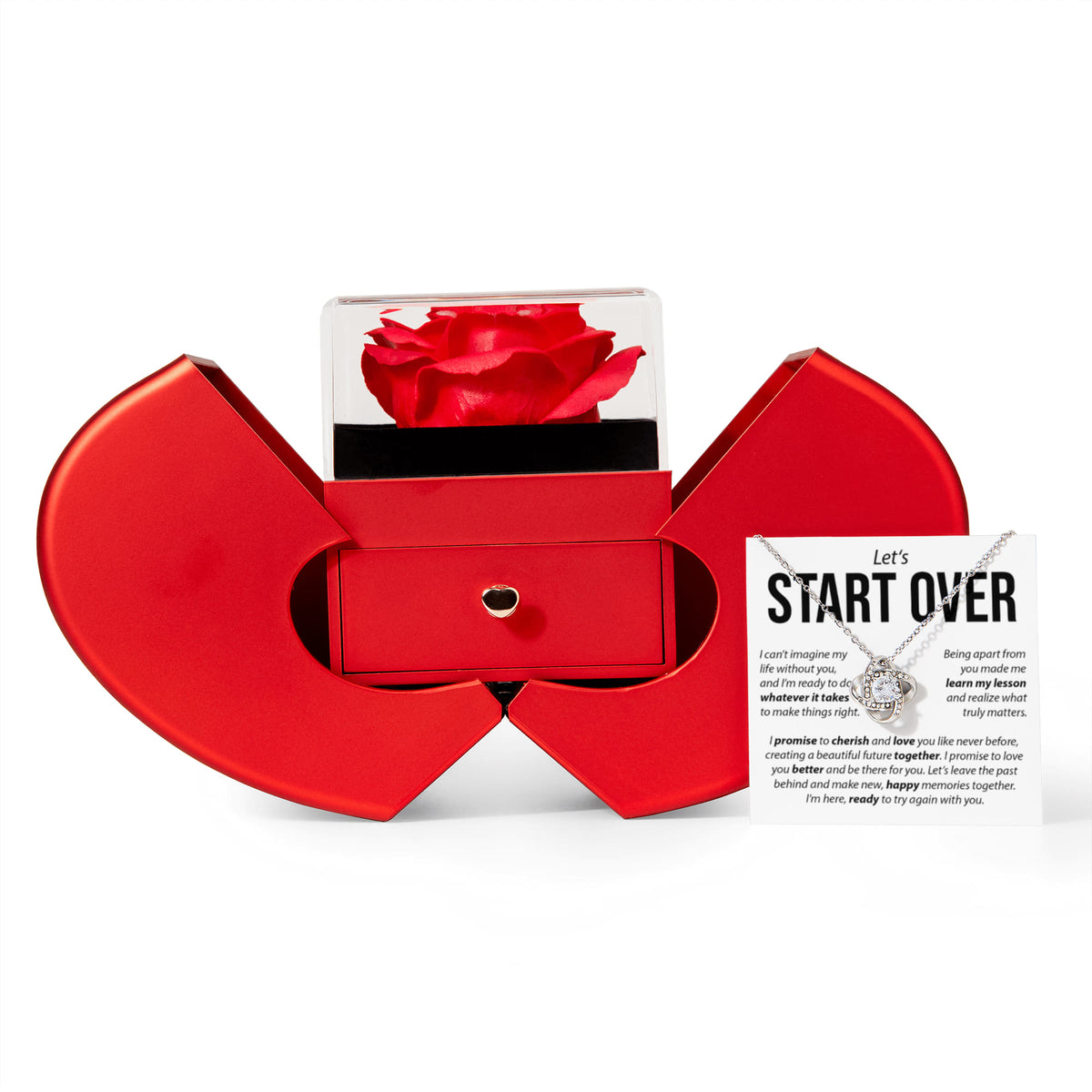 “Let's Start Over” Love Knot Necklace with Red Heart Rose Box – Apology & Reconciliation Gift for Her