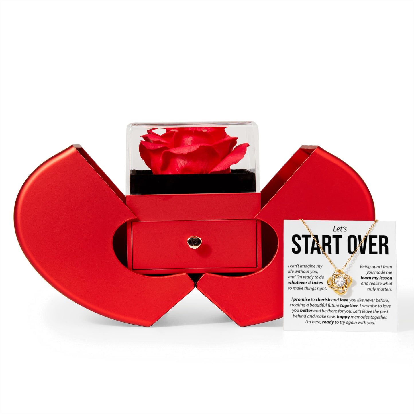 “Let's Start Over” Love Knot Necklace with Red Heart Rose Box – Apology & Reconciliation Gift for Her