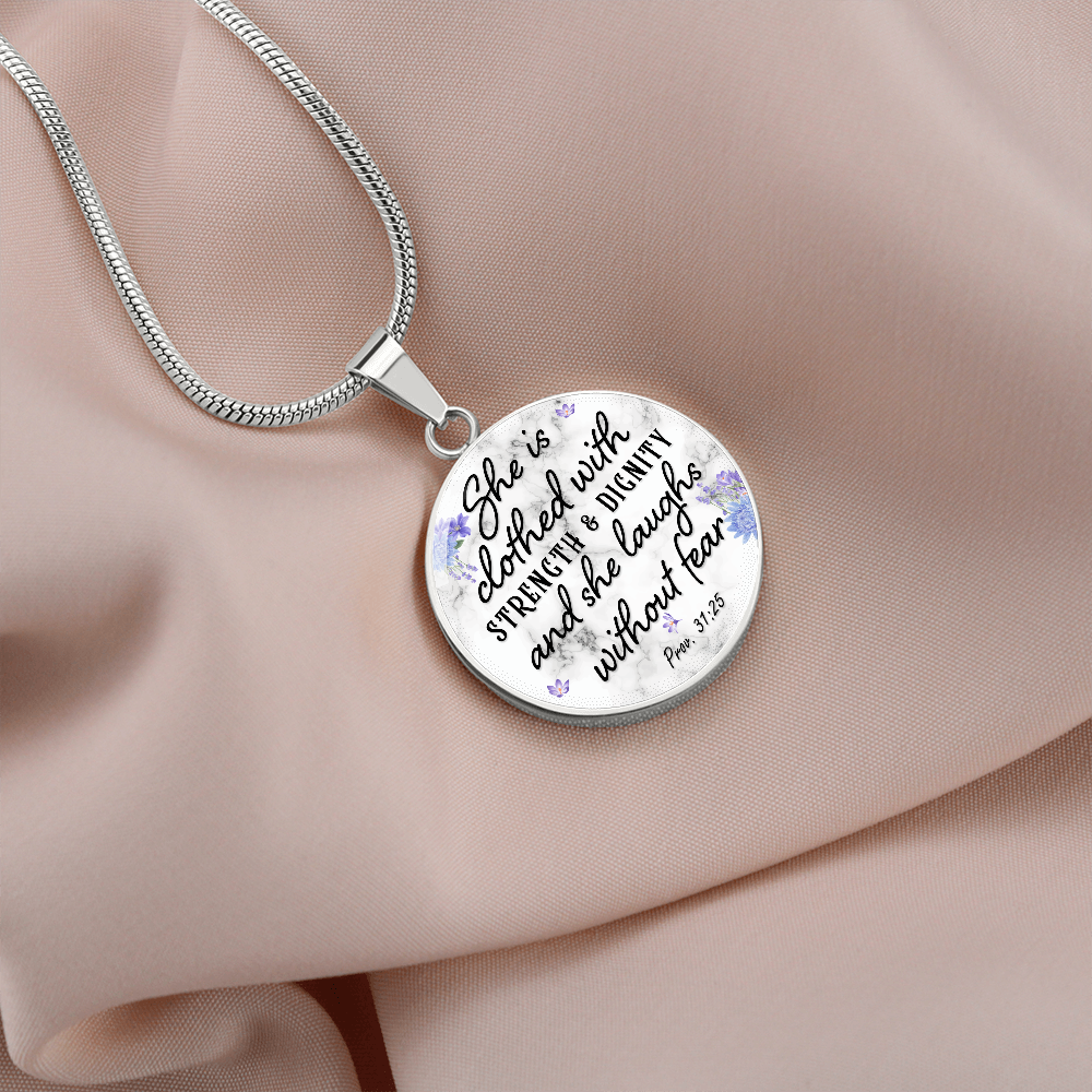 She is clothed with strength and dignity - Graphic Circle Necklace - JustFamilyThings