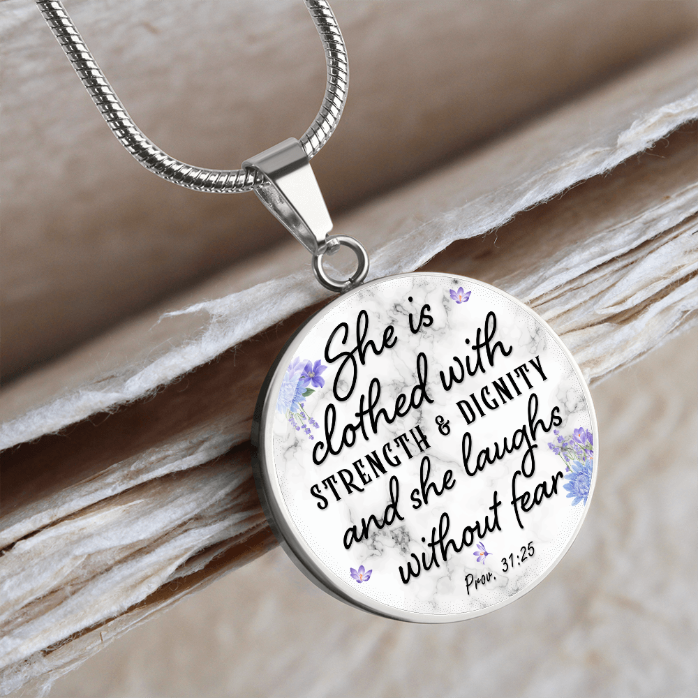 She is clothed with strength and dignity - Graphic Circle Necklace - JustFamilyThings