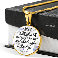 Load image into Gallery viewer, She is clothed with strength and dignity - Graphic Circle Necklace - JustFamilyThings
