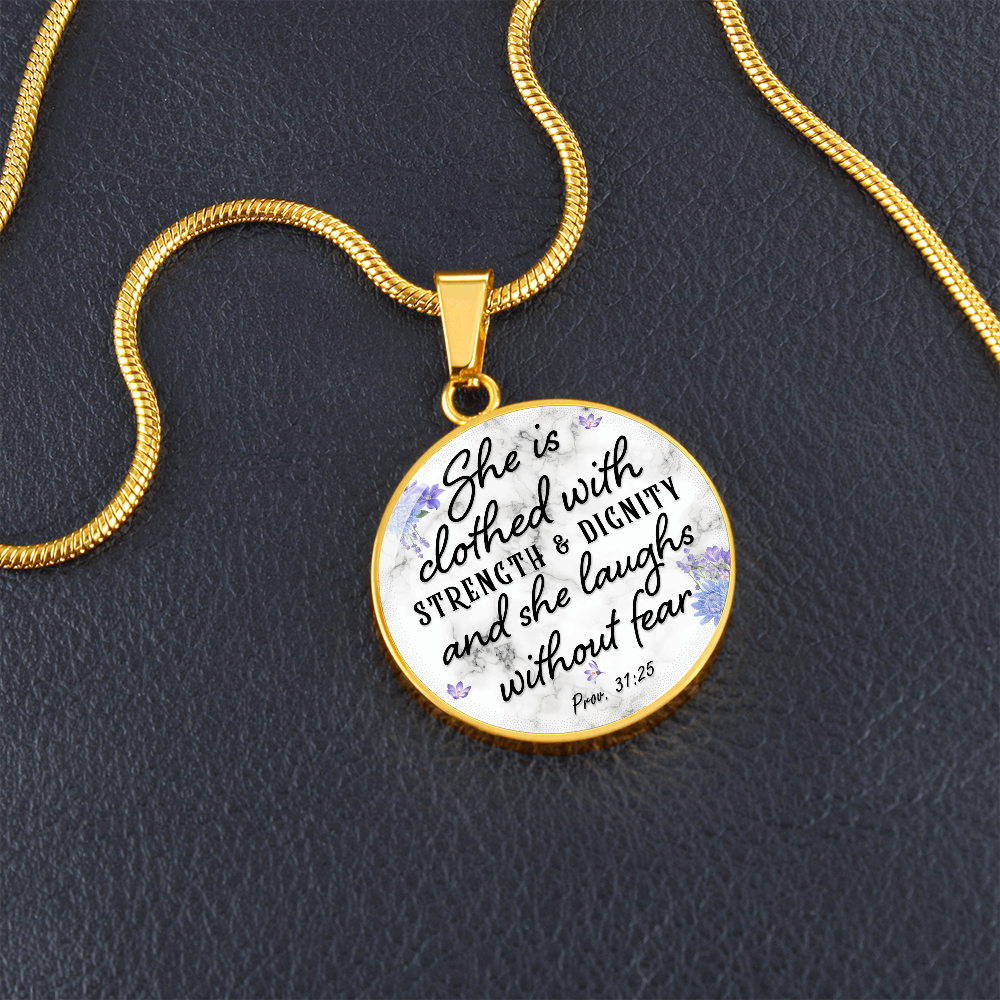 She is clothed with strength and dignity - Graphic Circle Necklace - JustFamilyThings