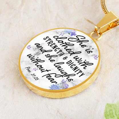 She is clothed with strength and dignity - Graphic Circle Necklace - JustFamilyThings