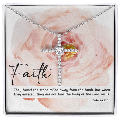 bible verses, Luke 24:2-3, They found the stone rolled away - Cubic Zirconia Cross - JustFamilyThings