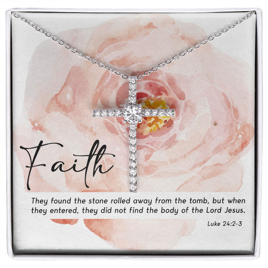 bible verses, Luke 24:2-3, They found the stone rolled away - Cubic Zirconia Cross - JustFamilyThings