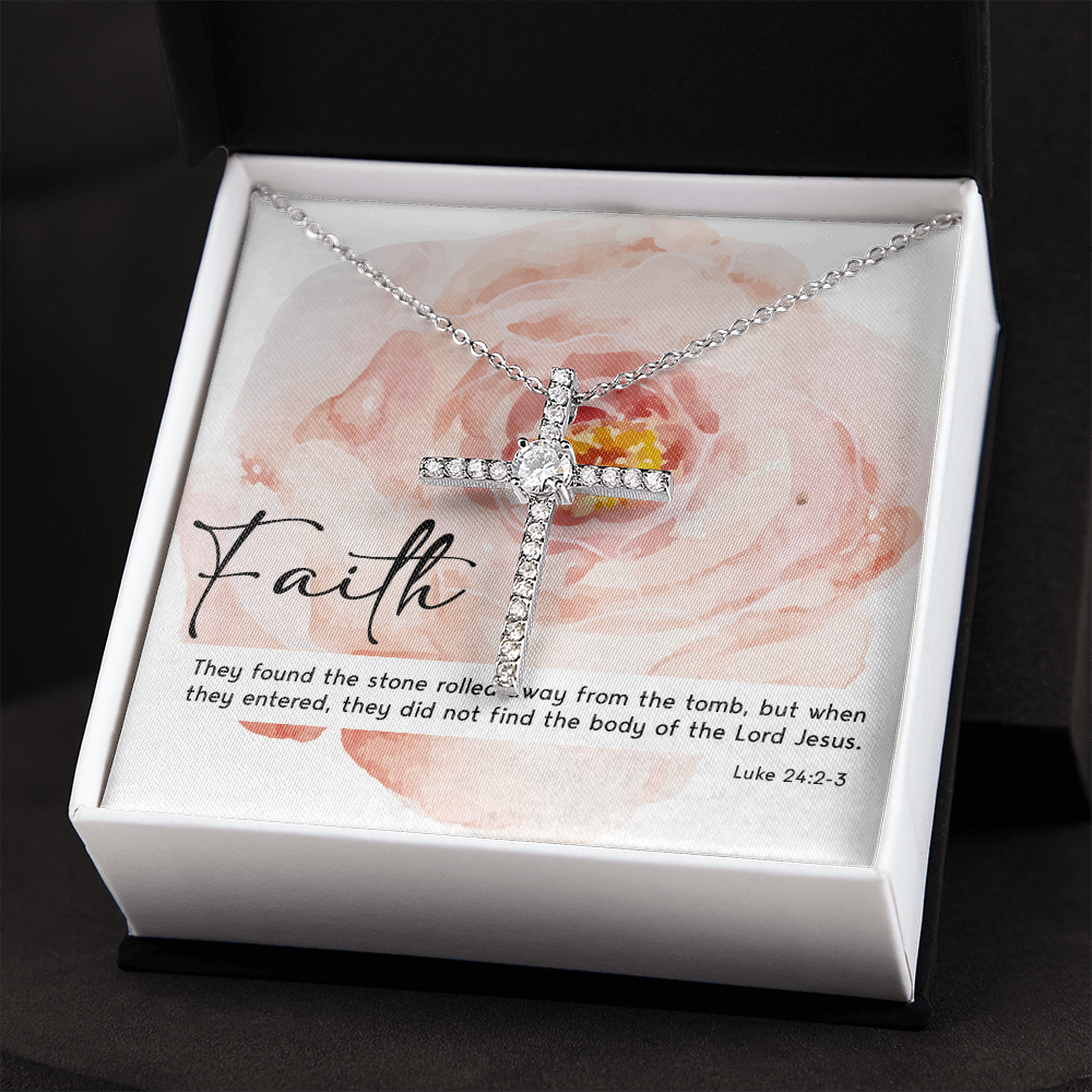 bible verses, Luke 24:2-3, They found the stone rolled away - Cubic Zirconia Cross - JustFamilyThings