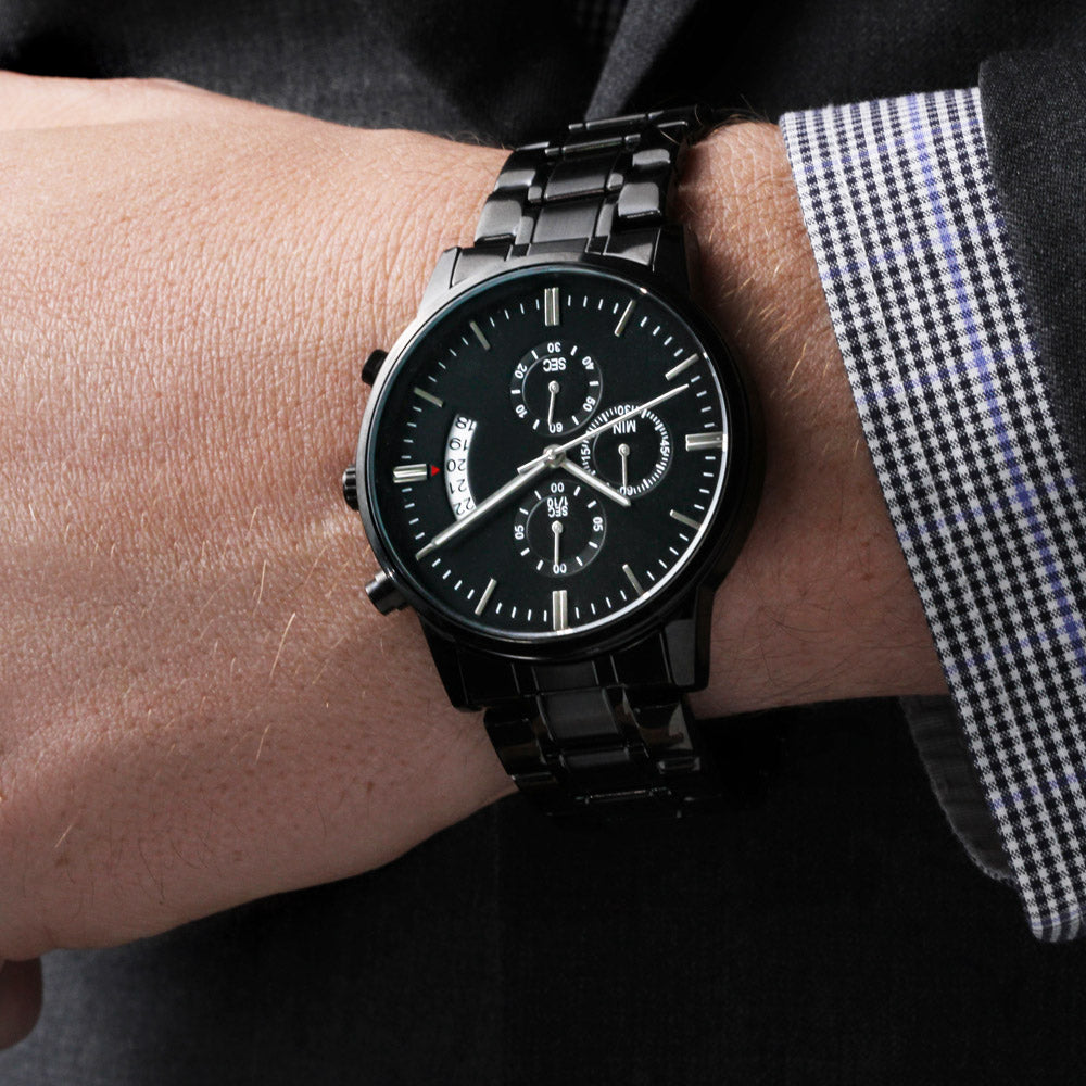 Black Chronograph Watch - Custom Message - JustFamilyThings