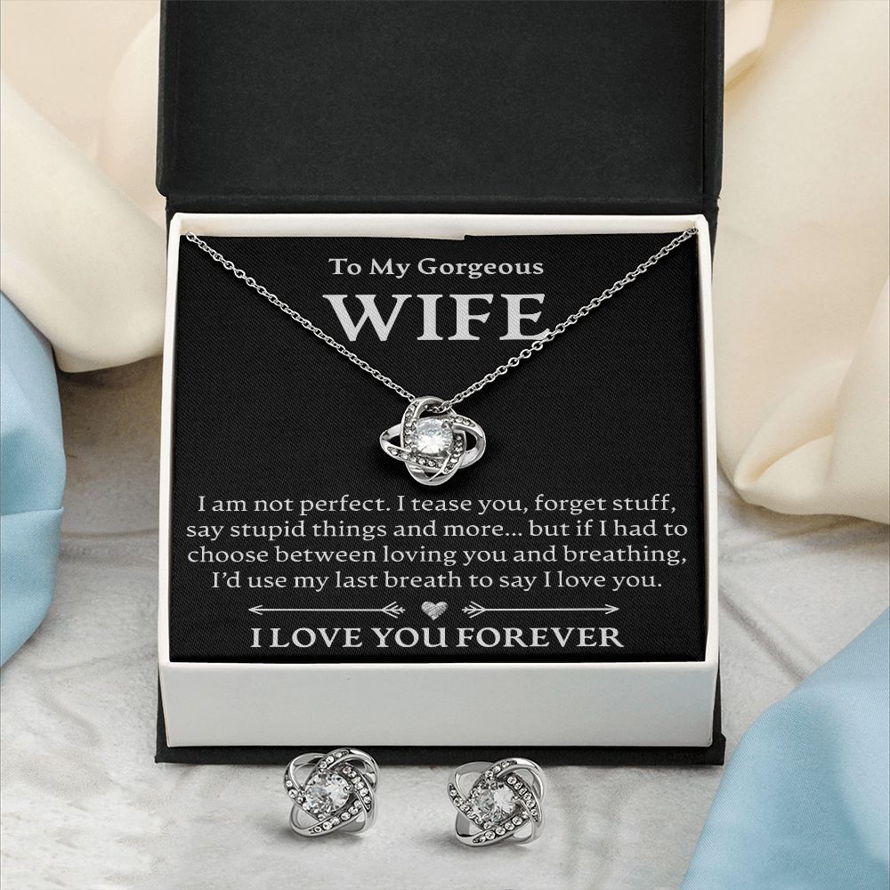 To My Gorgeous Wife - Love Knot Necklace + Earrings Set - JustFamilyThings