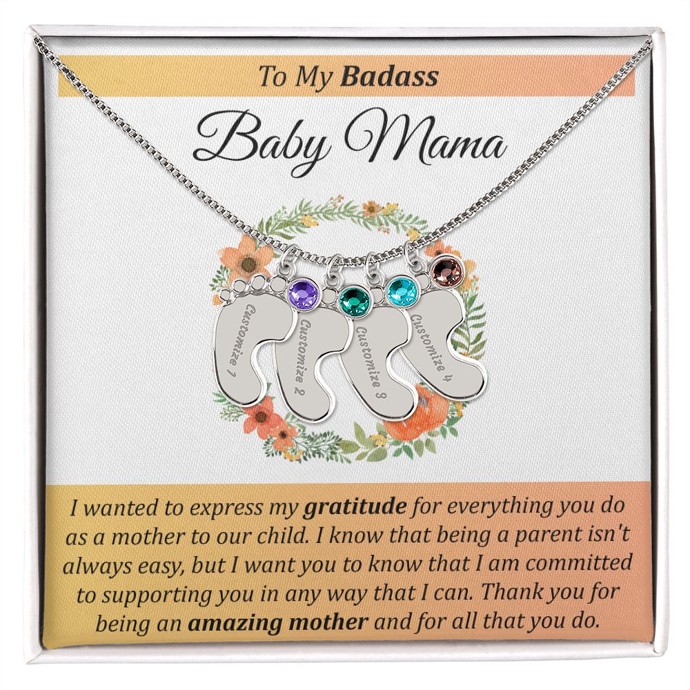 To My Badass Baby Mama - Baby Feet with Birthstones Necklace