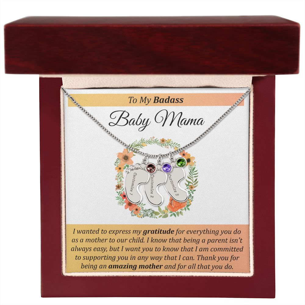To My Badass Baby Mama - Baby Feet with Birthstones Necklace